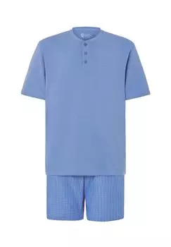 Пижама мужская, короткая планка на пуговицах, трикотаж, однотонный принт, синяя El Bho NOCTURNO, синий
