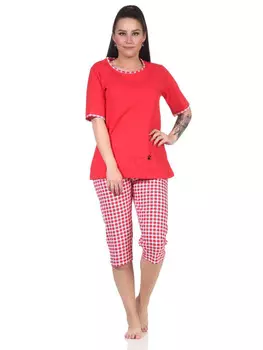 Пижама NORMANN kurzarm Capri Katzen und lang Karo Jersey Hose, красный