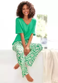 Пижама S.Oliver (2 шт.) с цветочным этническим узором, зеленый