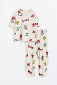 Пижама с принтом из трикотажа H&amp;M, светло-бежевый/кит харинг