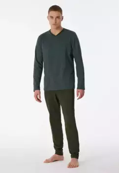 Пижама Schiesser ""95/5"" (2 шт.), с полосатой рубашкой с длинными рукавами и V-образным вырезом с окантовкой, цвет Petrol