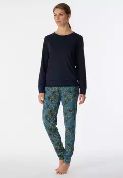 Пижама Schiesser "Contemporary Nightwear" (2 шт.) с однотонным верхом и брюками с рисунком, синий