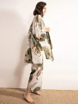 Пижама Serenescape, топ и брюки, узор в виде листьев, с ночным халатом Shein, мультиколор