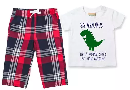 Пижама «Сестра-динозавр»; детский пижамный комплект с брюками в клетку «тартан», рождественский комплект 60 SECOND MAKEOVER, красный