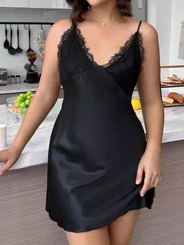 Пижама Silky Spell в стиле майки с кружевом на шее Имитация шелка с рюшами на спине для сна, большого размера Shein, черный