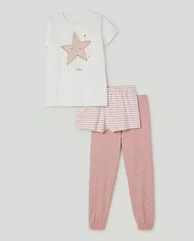 Пижама-тройка для девочки со звездами Cotton Juice, розовый