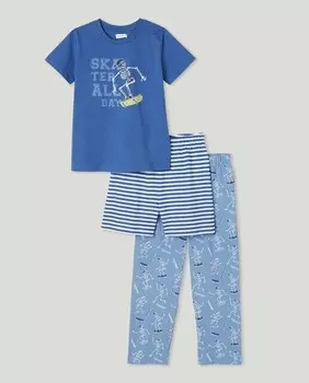 Пижама-тройка для мальчиков с принтом «скелетон» Cotton Juice, синий