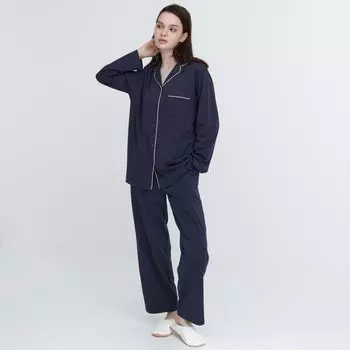 Пижама UNIQLO AIRism хлопковая с длинным рукавом, темно-синий