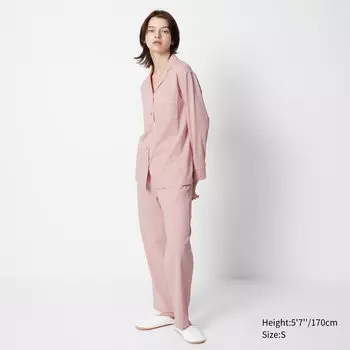 Пижама UNIQLO Airism хлопковая с длинными рукавами, розовый