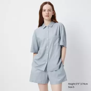 Пижама UNIQLO льняная с короткими рукавами, синий