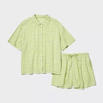 Пижама UNIQLO мягкая из жатого хлопка с короткими рукавами в клетку, зеленый
