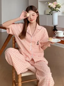 Пижама в клетку с вышивкой и героями мультфильмов Dazy, розовый