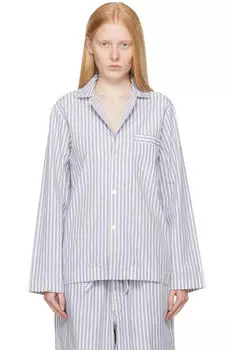 Пижамная рубашка из белого и синего поплина с длинными рукавами Tekla