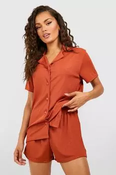 Пижамная рубашка с коротким рукавом в ребку Boohoo, ржавый