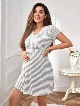 Пижамное платье свободного кроя для беременных Полосатое кружево, пижамное платье Shein, мультиколор