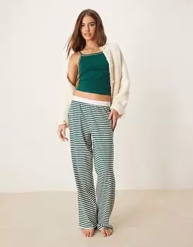Пижамные брюки ASOS DESIGN Mix & Match с открытым поясом и отделкой пико в зеленую полоску