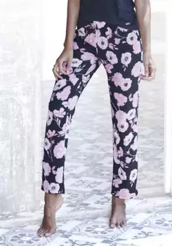 Пижамные брюки LASCANA, с полосатыми вставками по бокам, цвет Schwarz-Rosa-Geblmt
