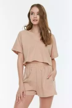 Пижамный комплект - Бежевый - Однотонный Trendyol, бежевый