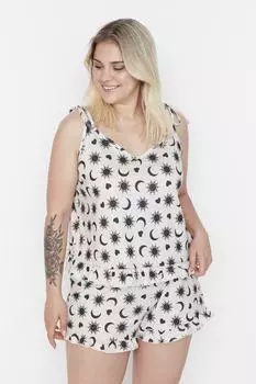 Пижамный комплект больших размеров - Бежевый - В клетку Trendyol