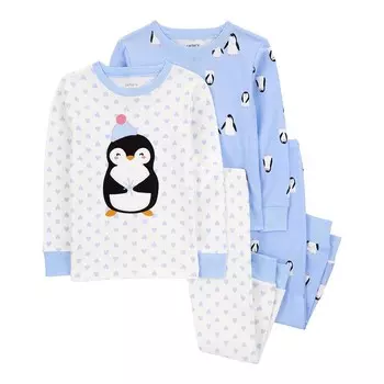 Пижамный комплект Carter's из 4 предметов с плотно прилегающим верхом и низом с изображением пингвина для малышей и малышей, цвет Penguin