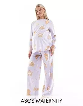 Пижамный комплект для беременных ASOS DESIGN из топа с длинными рукавами и брюк с изображением пряничного домика фиолетового цвета
