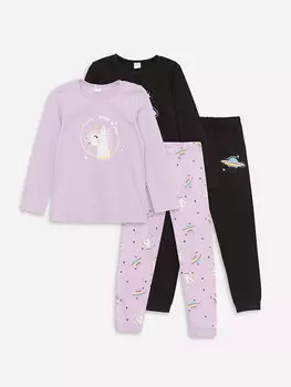 Пижамный комплект для девочек с круглым вырезом и принтом, длинные рукава, 2 предмета LCW Kids, новый черный