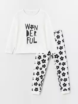 Пижамный комплект для девочек с круглым вырезом и принтом с длинными рукавами LCW Kids, экрю