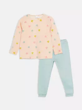 Пижамный комплект для девочек с круглым вырезом и принтом с длинными рукавами LCW Kids, экрю с принтом