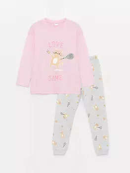 Пижамный комплект для девочек с круглым вырезом и принтом с длинными рукавами LCW Kids, розовая сирень