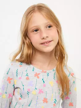 Пижамный комплект для девочек с круглым вырезом и принтом с длинными рукавами LCW Kids, серый