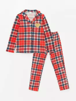 Пижамный комплект для девочек в клетку с воротником рубашки и длинными рукавами LCW Kids, красный печатный