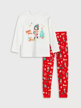 Пижамный комплект для девочки с круглым вырезом и длинными рукавами в новогодней тематике LCW Kids, экрю