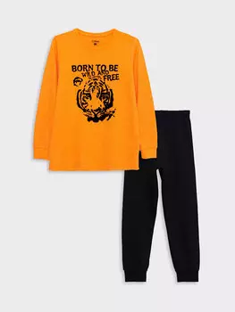 Пижамный комплект для мальчика с круглым вырезом и длинными рукавами с принтом LCW Kids, апельсин