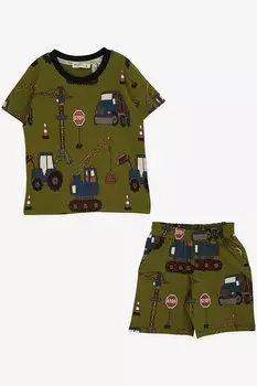 Пижамный комплект для мальчика с шортами, зеленый цвет хаки с рисунком строительной техники (2–4 года) Breeze