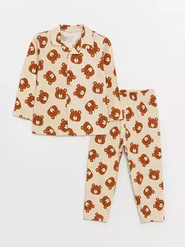 Пижамный комплект для мальчика с воротником рубашки и длинными рукавами с принтом LCW baby, бежевый с принтом