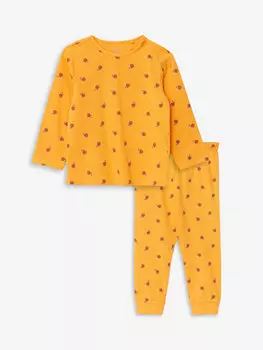 Пижамный комплект для маленьких девочек с круглым вырезом и длинными рукавами с принтом LCW baby, темно-желтый принт
