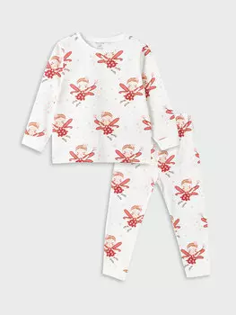 Пижамный комплект для маленьких девочек с круглым вырезом и длинными рукавами LCW baby, экрю с принтом