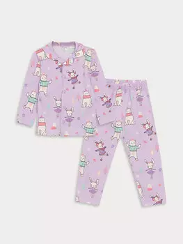 Пижамный комплект для маленьких девочек с воротником-поло и длинными рукавами с принтом LCW baby, светло-сиреневый с принтом