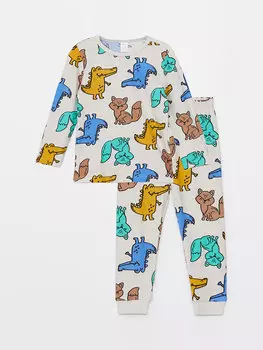 Пижамный комплект для маленьких мальчиков с круглым вырезом и длинными рукавами с рисунком LCW baby, каменный цветной принт