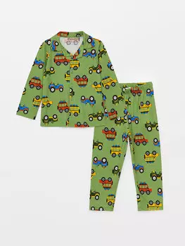 Пижамный комплект для маленьких мальчиков с воротником-поло и длинными рукавами с принтом LCW baby, зеленый принт