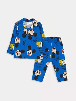 Пижамный комплект для маленьких мальчиков с воротником рубашки и длинными рукавами с принтом Микки Мауса LCW baby, темно-синий с принтом