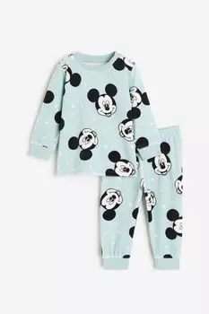 Пижамный комплект H&M Disney Mickey Mouse Patterned Velour, 2 предмета, светло-бирюзовый