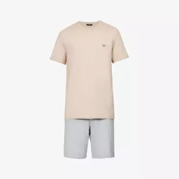 Пижамный комплект из эластичного хлопка с фирменным принтом в клетку Emporio Armani, цвет corda/grigio melange
