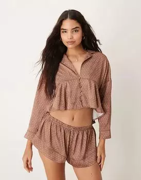 Пижамный комплект из атласа в горошек коричневого цвета Free People