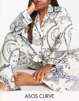 Пижамный комплект из атласной рубашки и брюк в стиле celestial baroque ASOS DESIGN Curve кремово-синего цвета