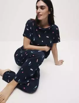 Пижамный комплект из чистого хлопка с принтом Marks & Spencer, темно-синий