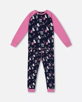 Пижамный комплект из двух предметов из органического хлопка Темно-синий с принтом кошек Deux par Deux