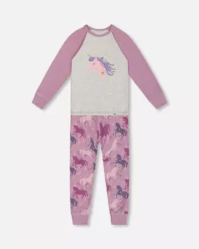 Пижамный комплект из двух предметов из органического хлопка с принтом единорогов лилового цвета Deux par Deux