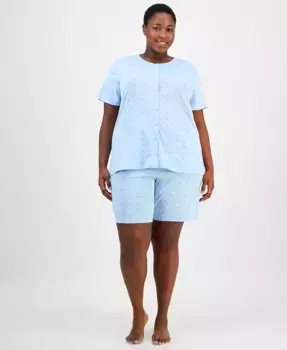 Пижамный комплект из хлопка с цветочным принтом, бермуды, большие размеры Charter Club, синий