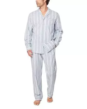 Пижамный комплект из хлопкового твила с начесом в полоску Petite Plume, синий